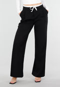 Zwarte Wide Leg Broek met Witte Tailleband en Strikdetail