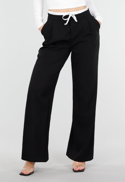 Zwarte Wide Leg Broek met Witte Tailleband en Strikdetail