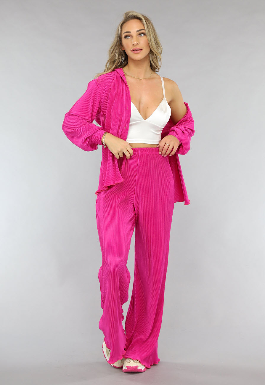 Fuchsia Plissé Blouse met Broek
