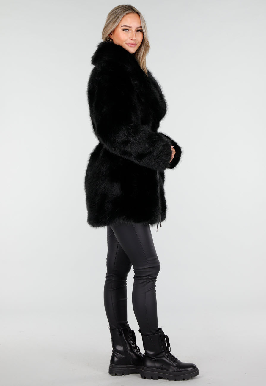 Zwarte Faux Fur Jas met Ceintuur