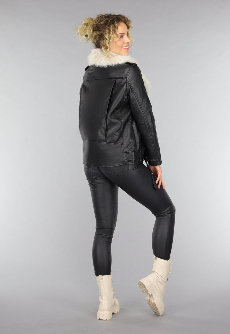 Zwarte Lederlook Faux Fur Biker Jas
