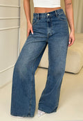 Donkerblauwe High Waist Wide Leg Jeans met Losse Pijpen