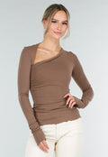 Bruine Asymmetrische Stretch Top met Lange Mouwen en Rimpeldetail