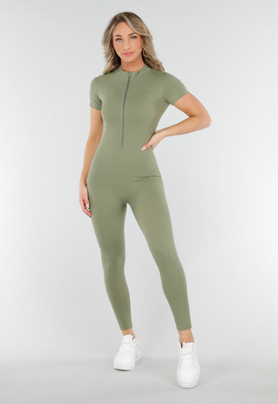 Khaki Groen Stretch Sport Jumpsuit met Ritsluiting