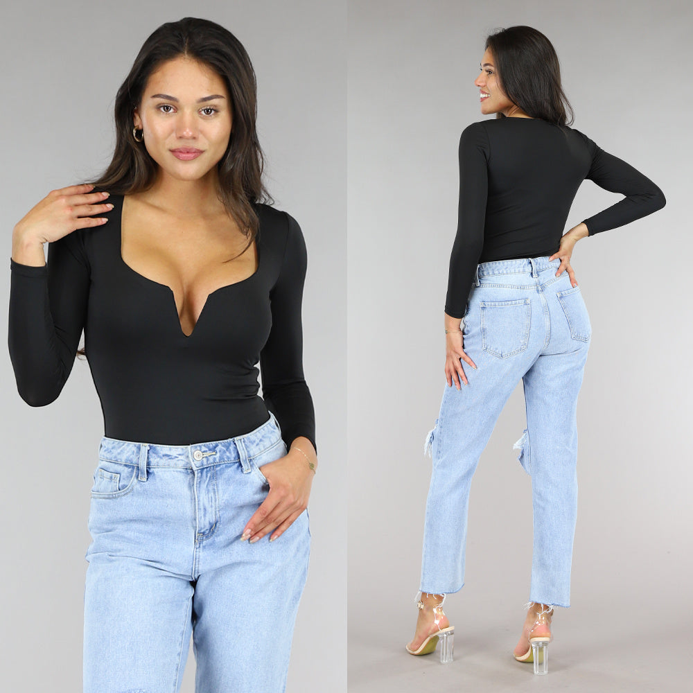 Elastische Zwarte Bodysuit met Diepe V-Hals