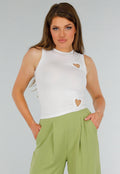 Witte Mouwloze Stretch Cropped Top met Hart Cut Outs