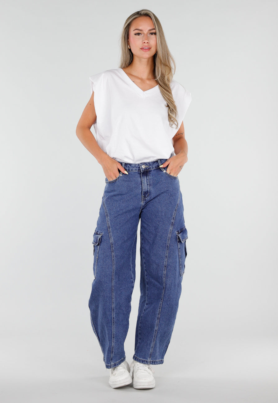 NEW050826 Blauwe Cargo Barrel Jeans met Opgestikte Zakken
