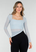 Lichtblauwe Asymmetrische Mesh Top met Lange Mouwen en Pads