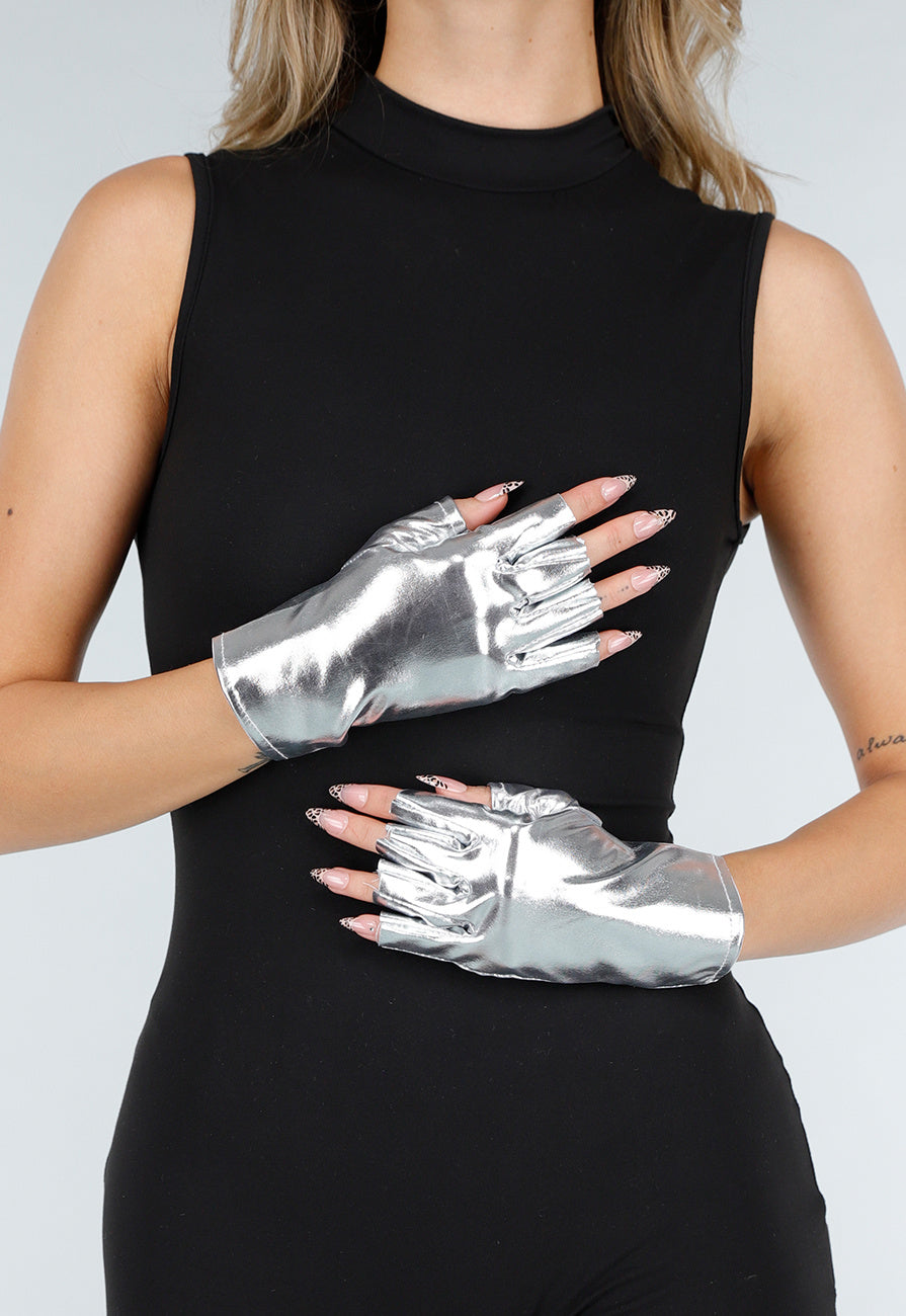 Zilverkleurige Handschoenen van Glanzend Stretchmateriaal met Halve Vingers