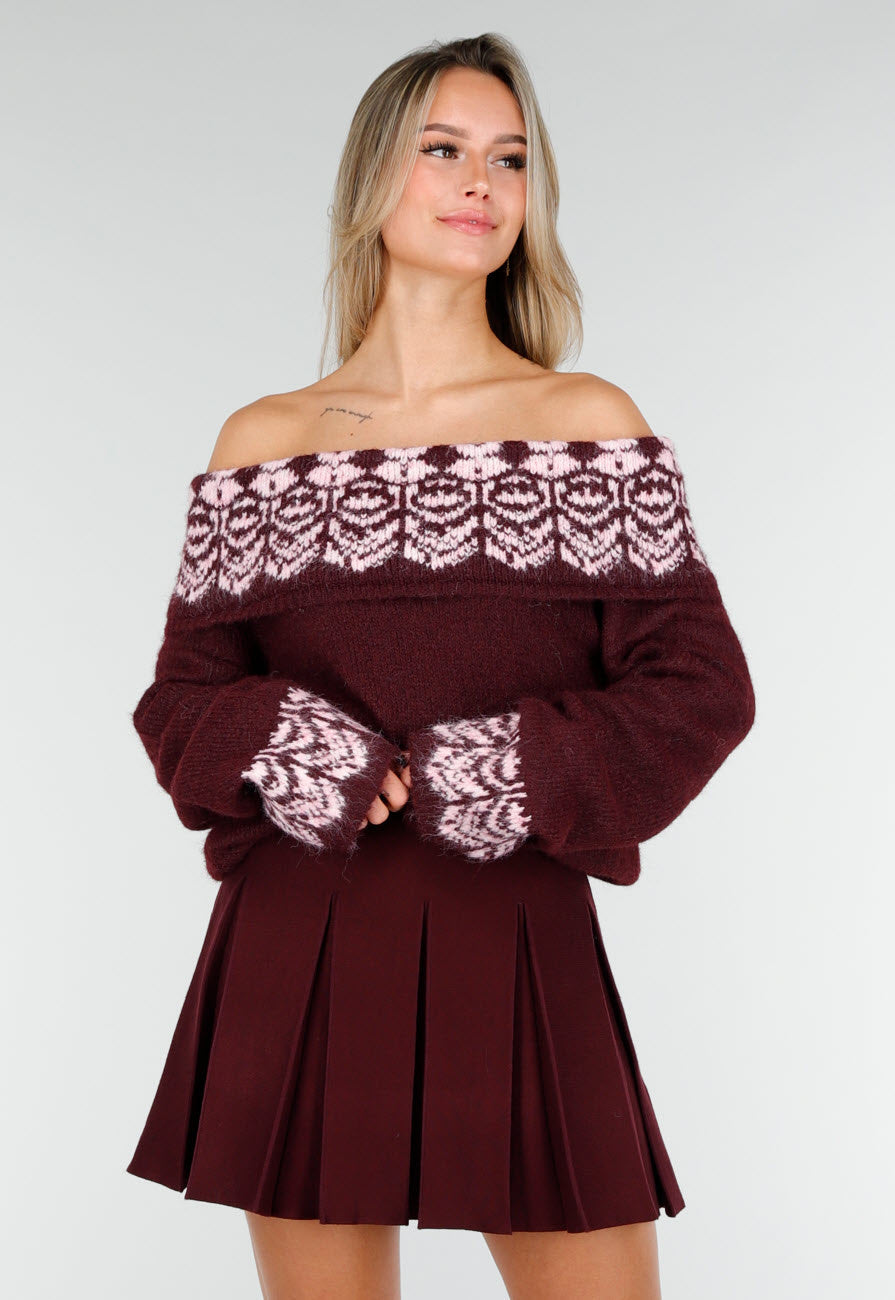 Bordeaux Off Shoulder Trui met Fair Isle Motief en Lange Mouwen