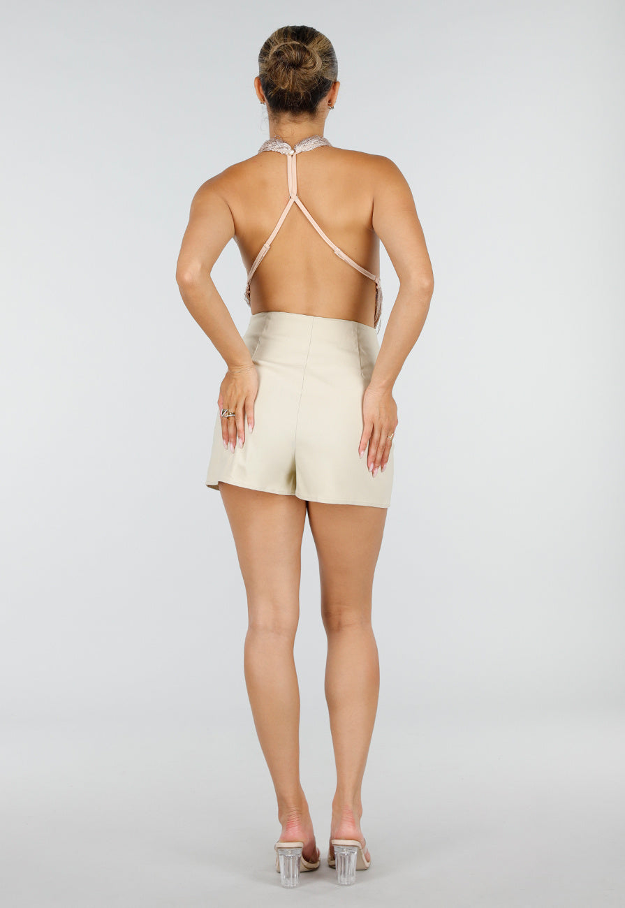 NEW120826 Champagne Halter Fringe Top met Verstelbare Rugsluiting