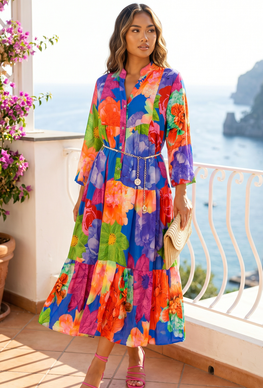 Multicolor Maxi Jurk met Knoopsluiting en Grote Bloemenprint