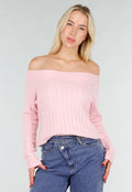 Lichtroze Off Shoulder Trui met Kabelpatroon en Brede Halsrand