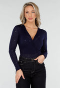 Donkerblauwe Glitter Bodysuit met Lange Mouwen en Diepe V-Hals