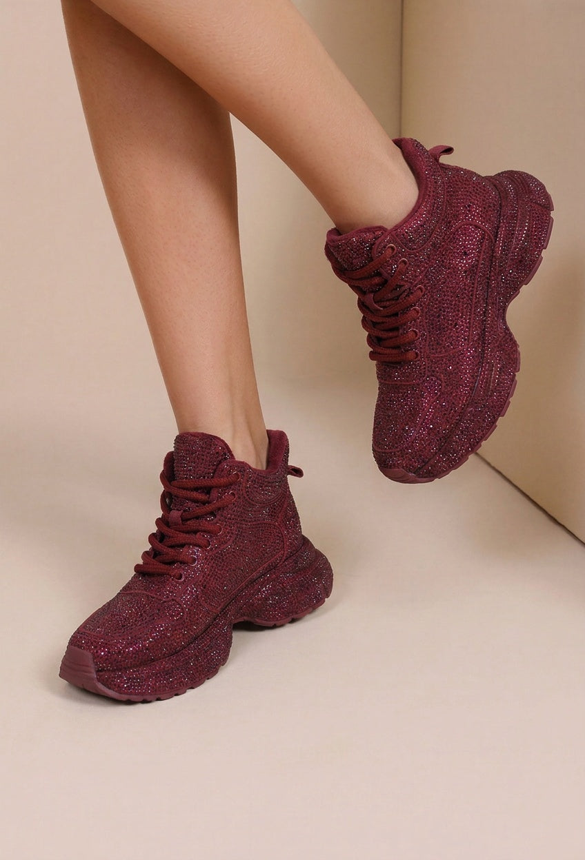 NEW290726 Bordeaux Glitter Sneakers met Hoge Schacht en Veters