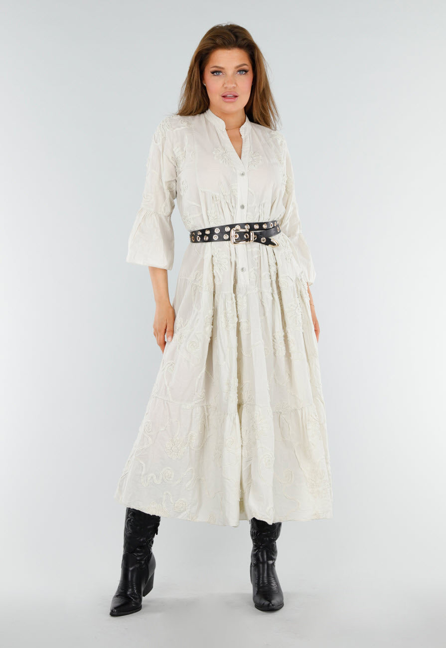 Beige Maxi-Jurk met Borduursels en Trompetmouwen in Linnenlook