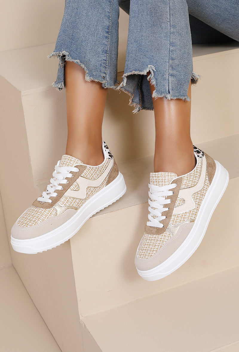 Beige Sneakers van Textiel en Suède met Veters en Plateau Zool