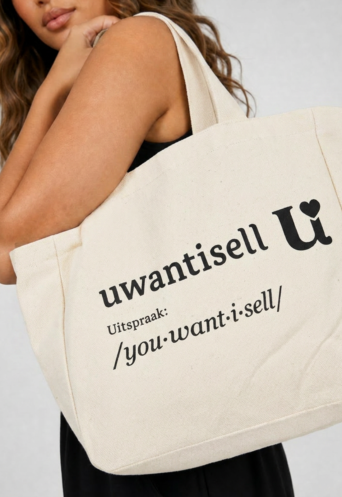 NEW010726 Uwantisell™ Crème Canvas Shopper met Dubbele Schouderhengsels en Opdruk