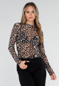 Bruine Panterprint Mesh Top met Lange Mouwen