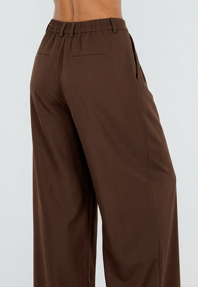 NEW190826 Donkerbruine Petite Pantalon met Wijde Pijpen en Plooien