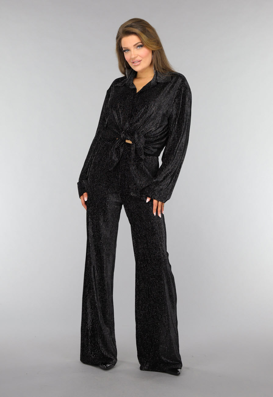 Zwarte Velvet Glitter Two Piece met Wide Leg Broek