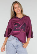 Paarse Stretch Mesh Oversized Jersey T-Shirt met V-Hals