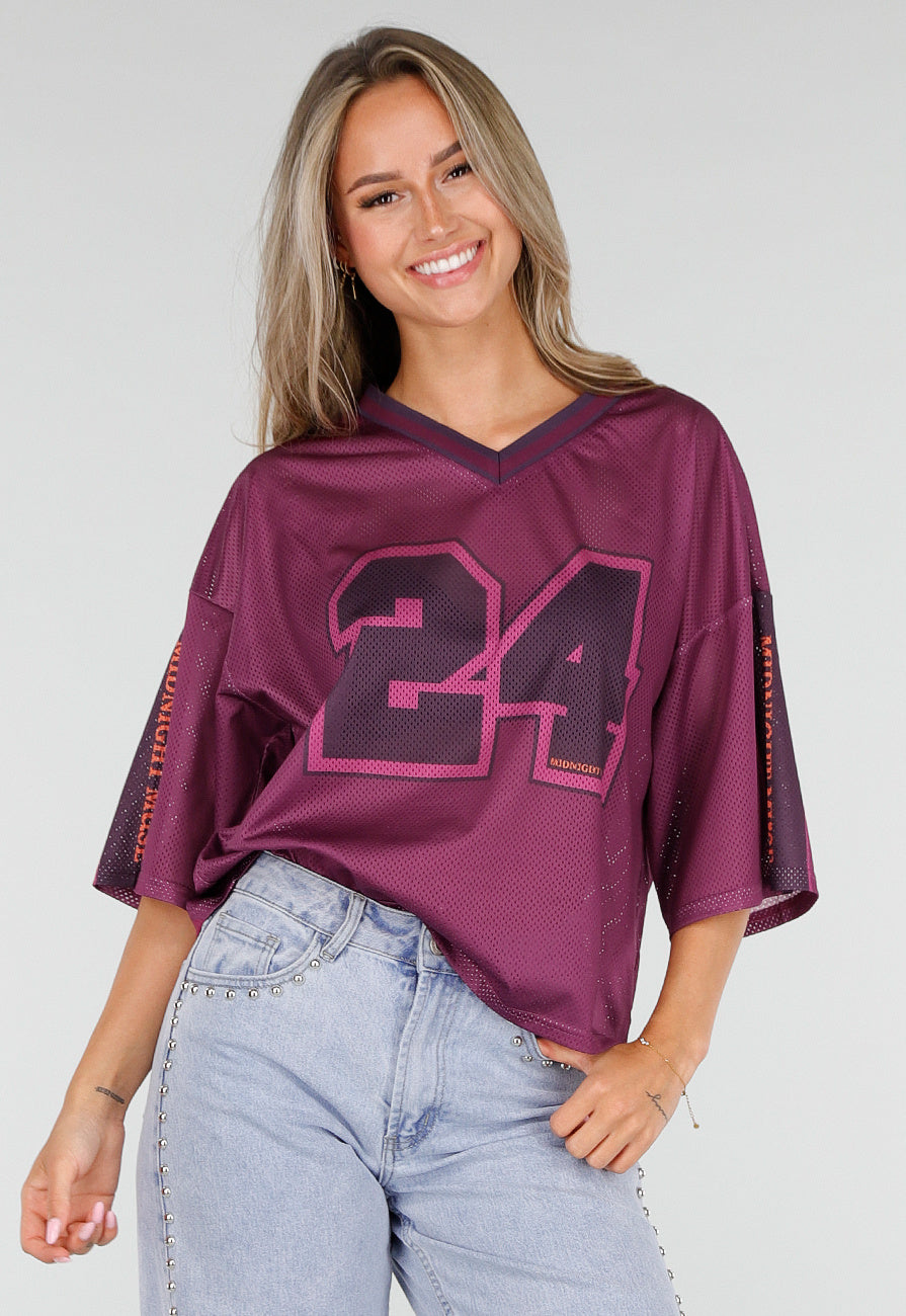 Paarse Stretch Mesh Oversized Jersey T-Shirt met V-Hals