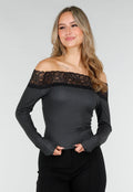 Zwarte Off Shoulder Stretch Top met Kant en Stippenprint