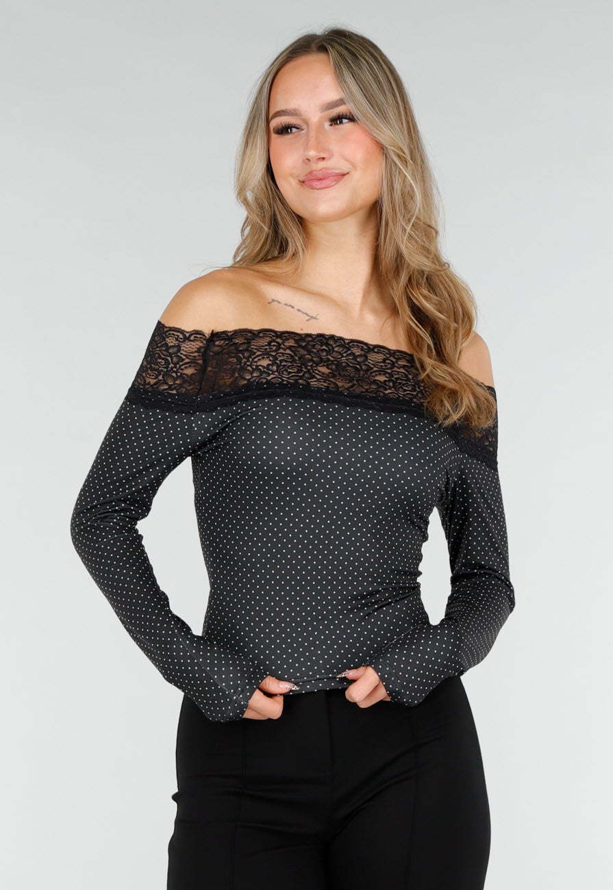 Zwarte Off Shoulder Stretch Top met Kant en Stippenprint