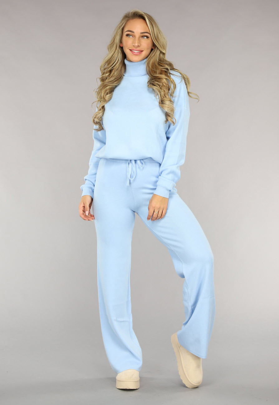 Babyblauwe Gebreide Co Ord Set met Col