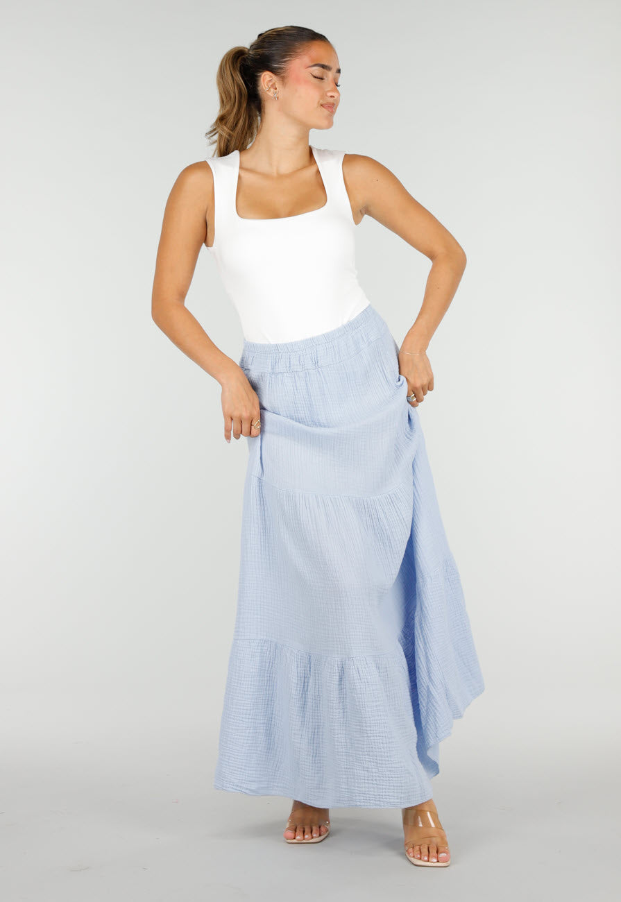 Lichtblauwe Mousseline Maxi Rok met Elastische Taille