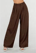 NEW190826 Donkerbruine Petite Pantalon met Wijde Pijpen en Plooien