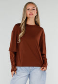 NEW120826 Bruine Top met Kanten Lange Mouwen en Ronde Hals