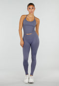 NEW120826 Blauwe Sportset met Halter Top, Legging, Uitneembare Pads en Scrunchdetail
