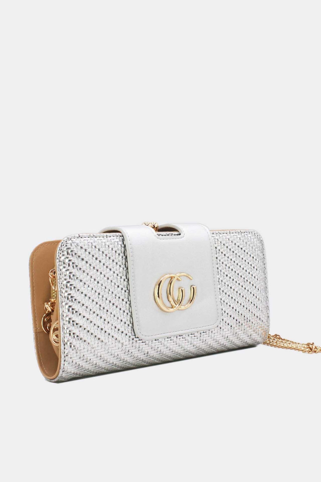 Zilveren Clutch van Gevlochten Imitatieleer met Gouden Chain