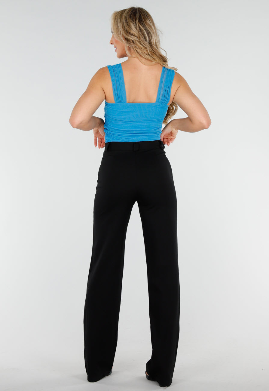 Blauwe Mesh Off Shoulder Top met Stretch en Drapé Effect
