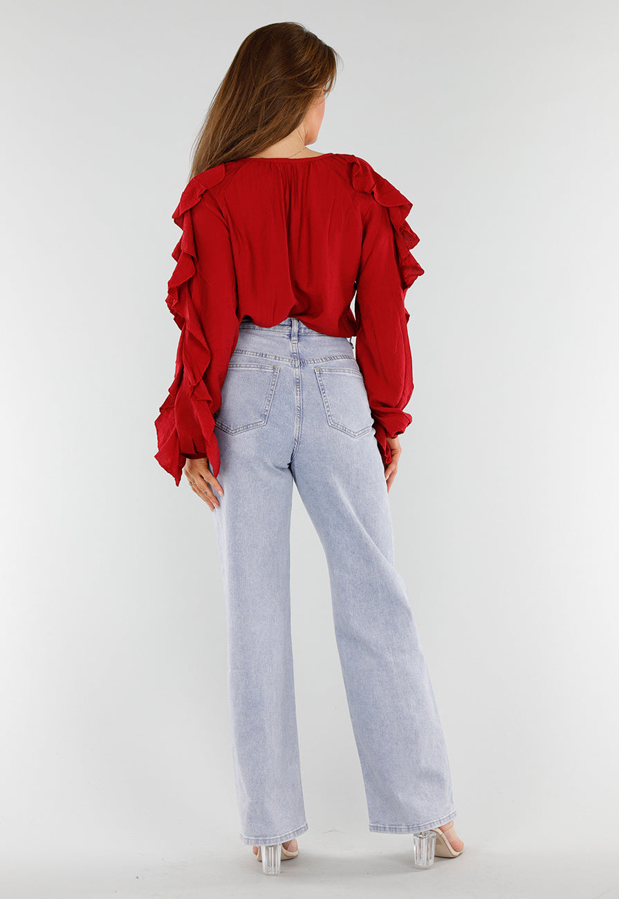 Rode Blouse met Volants en Losvallende Ballonmouwen