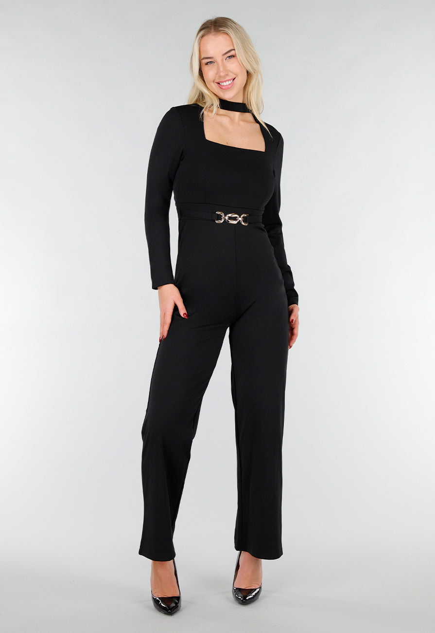 Zwarte Cut Out Jumpsuit met Lange Mouwen