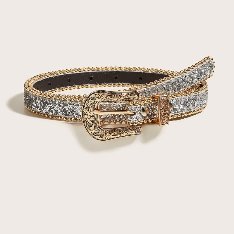 Gouden Parel Riem met Sierlijke Gesp en Zilveren Glitters
