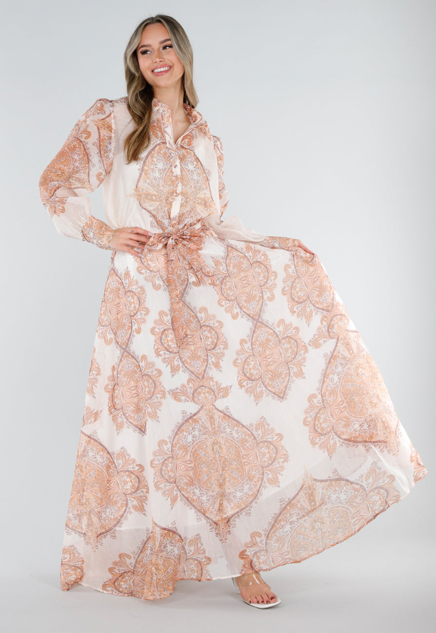 Oranje Maxi Rok met Paisley Print en Strikceintuur