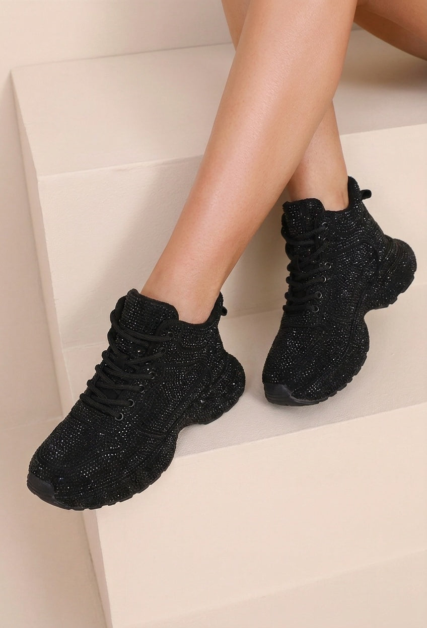 NEW290726 Zwarte Sneakers met Strass en Chunky Zool