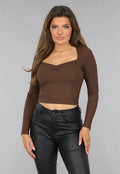 Bruine Ribstof Top met Scrunch Hals