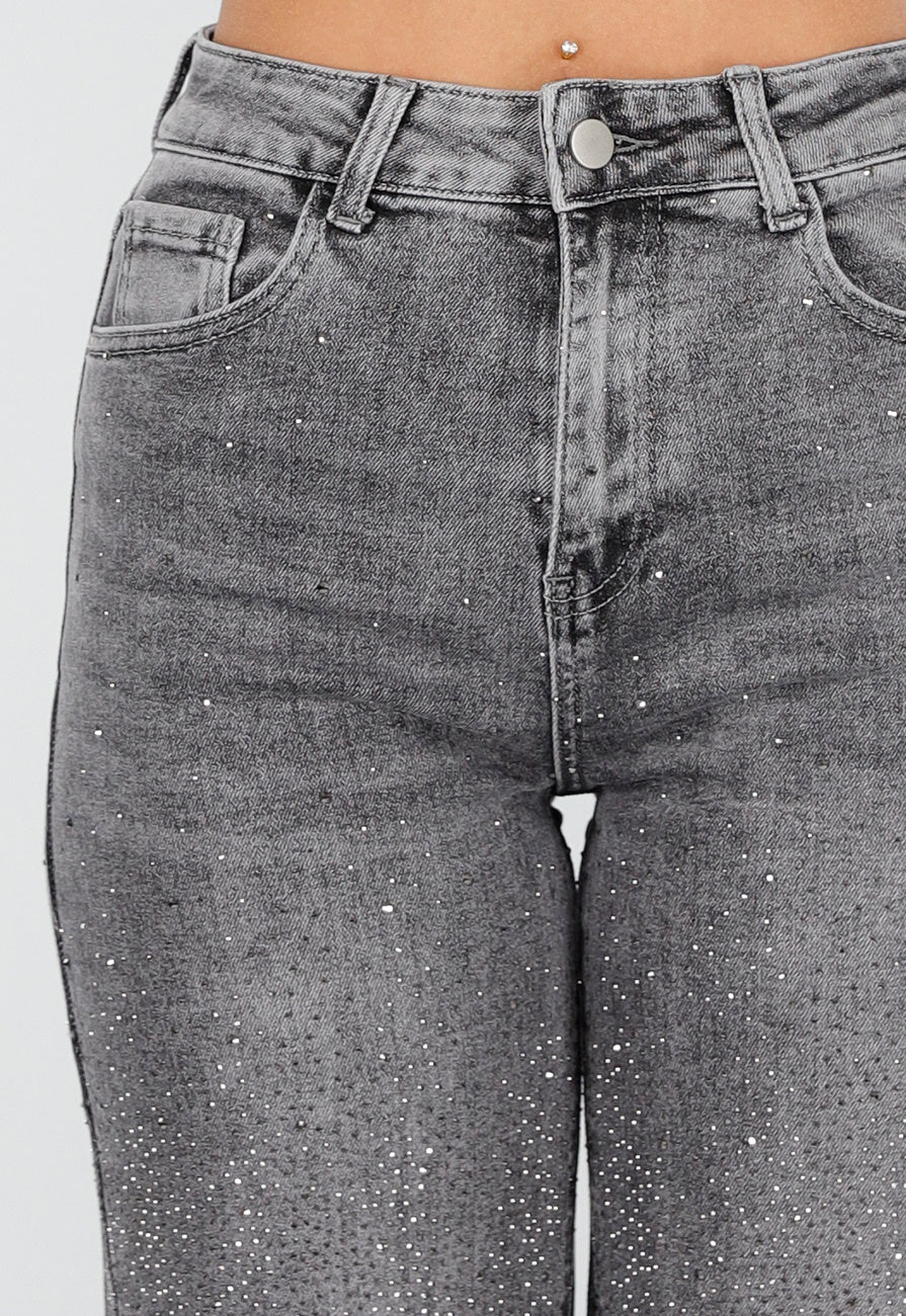 Grijze Wide Leg Jeans met Hoge Taille en Strass Details