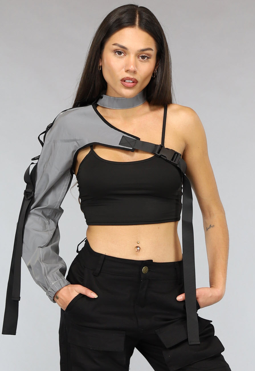 Reflecterende One Sleeve Top met Choker en Gesp Details