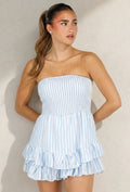 Lichtblauwe Gestreepte Strapless Playsuit met Gesmokte Taille en Ruches