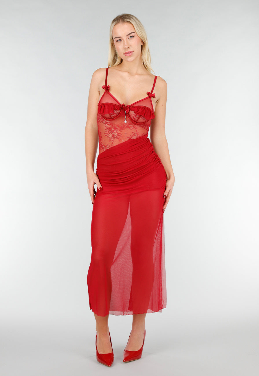 Rode Mesh Lingerie Jurk met Kant
