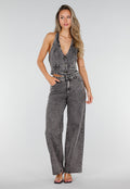 NEW010726 Zwarte Denim Two Piece Set met Halter Gilet en Wide Leg Jeans Voor Dames