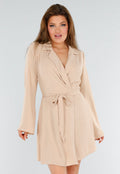 Beige Wikkeljurk Met Lange Mouwen en Linnenlook