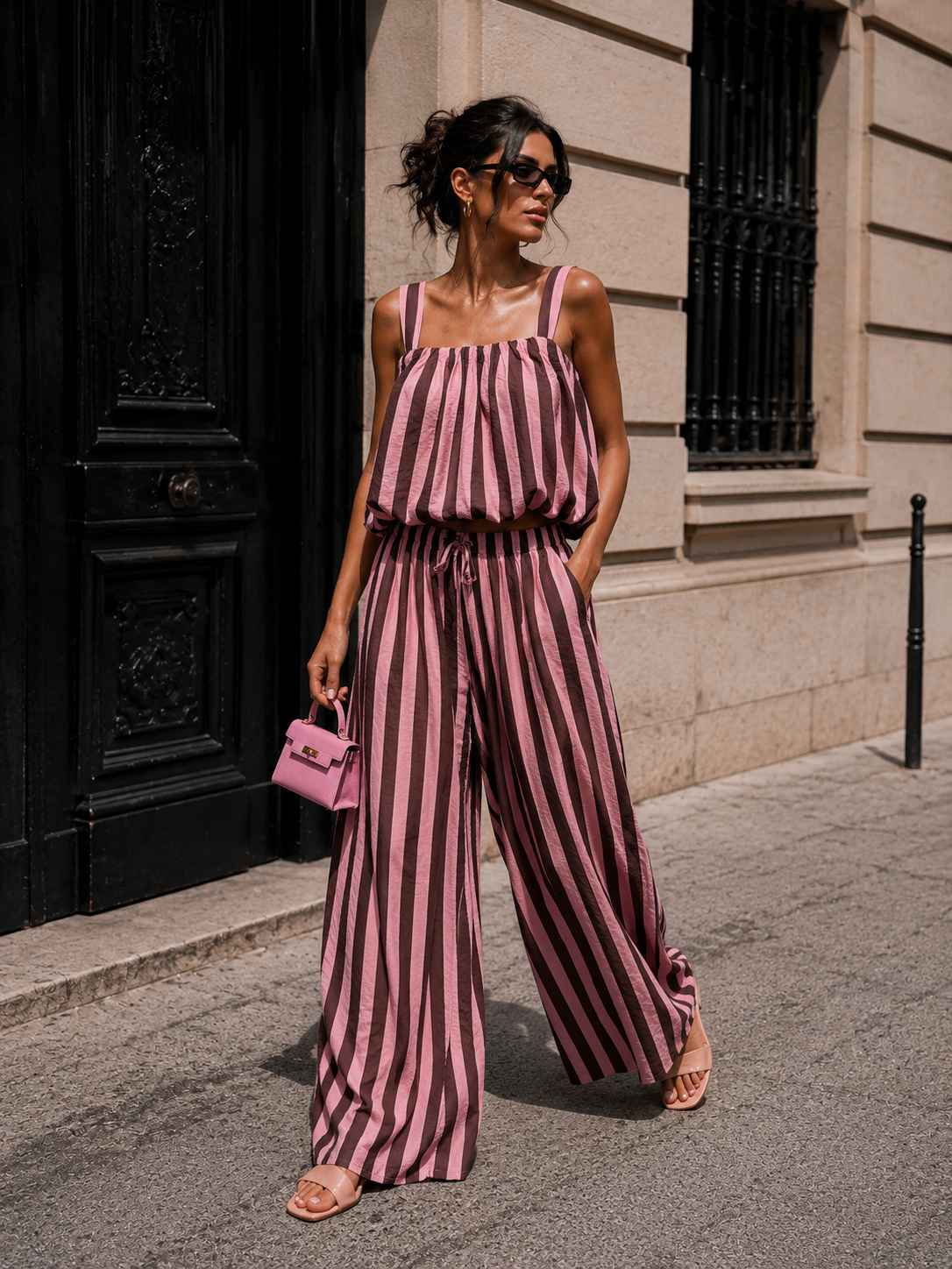 Bruin Roze Gestreepte Two Piece Set met Mouwloze Top en Wide Leg Broek