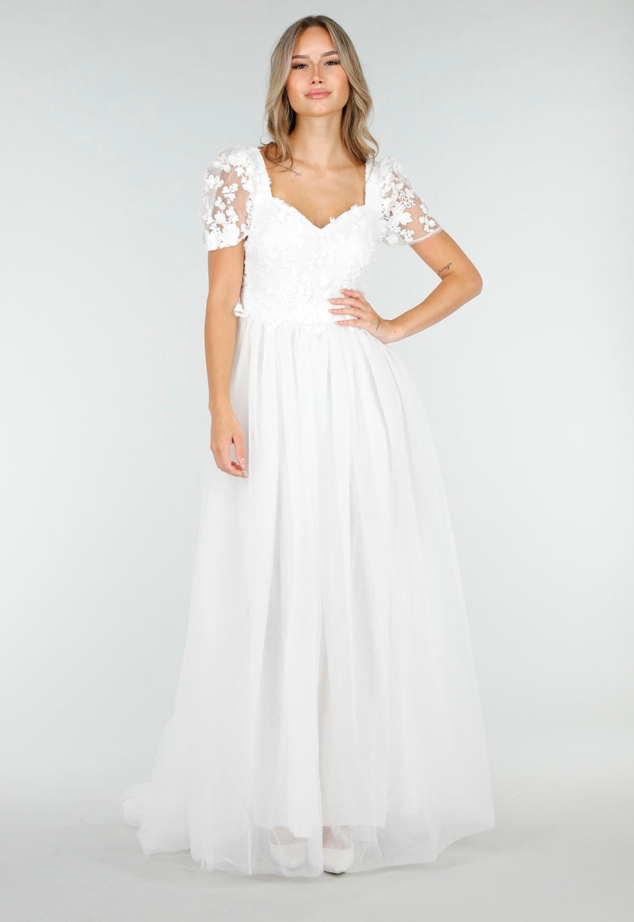 Witte Trouwjurk met Kanten Bloemen en Tule Rok